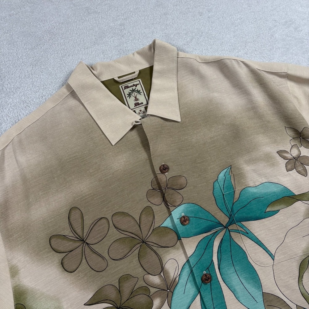 Montego Mon Shirt Mens Large Beige Silk Floral Travel Beach Hawaiian Button Up
